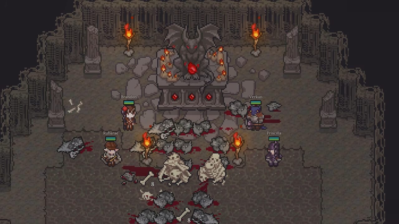 Dungeon Settlers four-person party in a torch-lit dungeon shrine after a fight