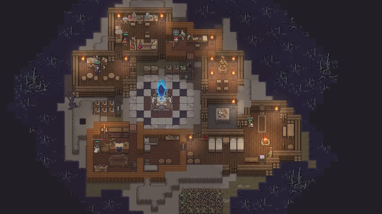 Top-down Dungeon Settlers settlement with bedrooms, kitchen, farm plots, and a glowing portal